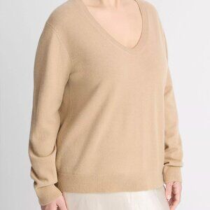 Vince Cashmere Weekend Sweater Plus 1X Camel Vee Neck Pullover $325 NWT